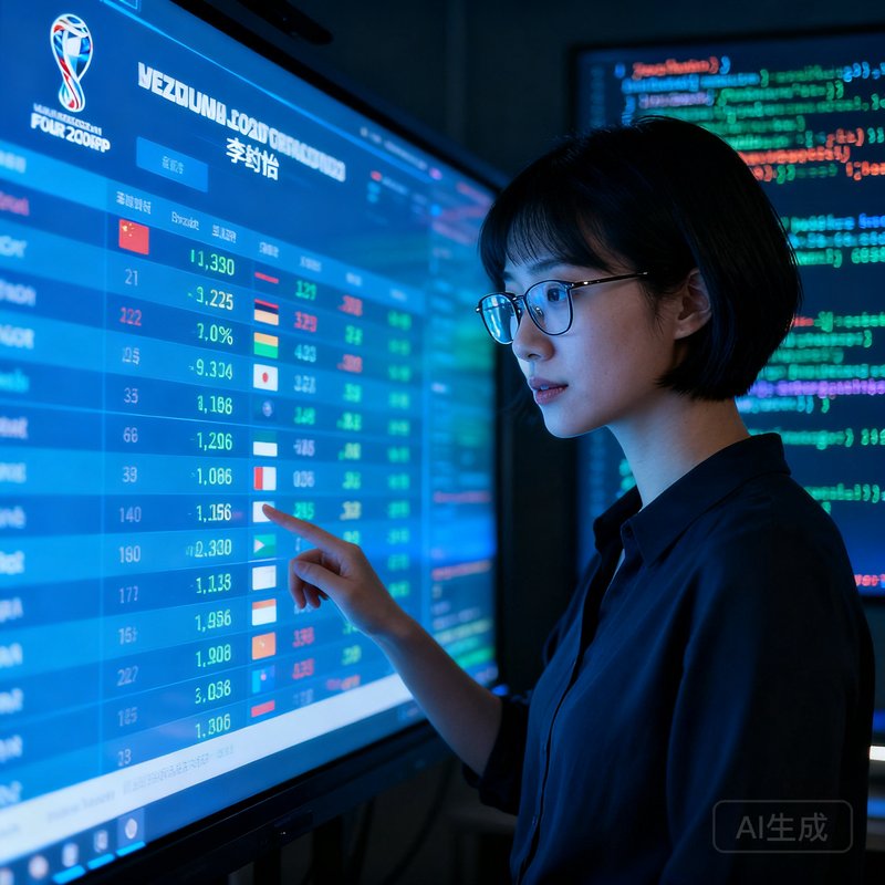 李心怡，短发戴眼镜，在数据大屏前分析世界杯实时数据